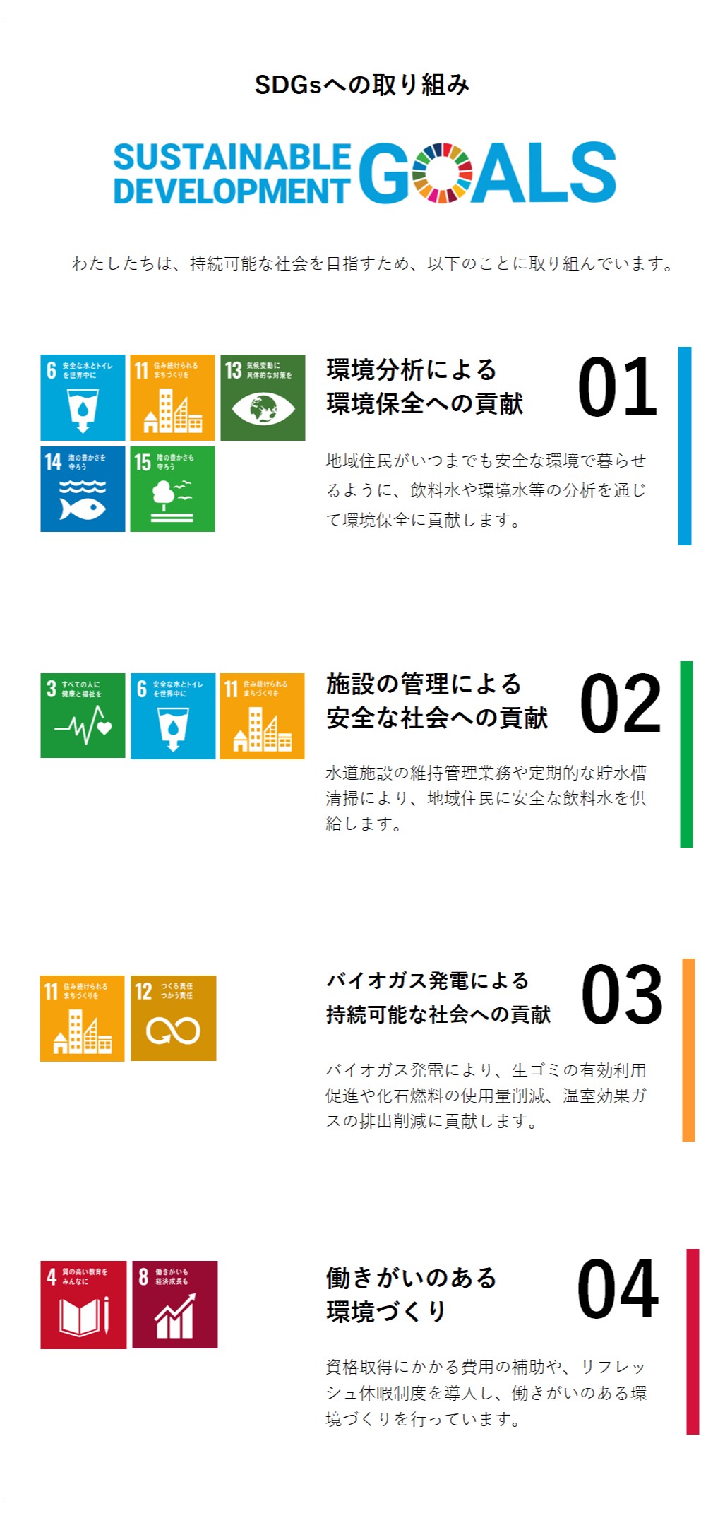SDGsへの取り組み
		わたしたちは、持続可能な社会を目指すため、以下のことに取り組んでいます。